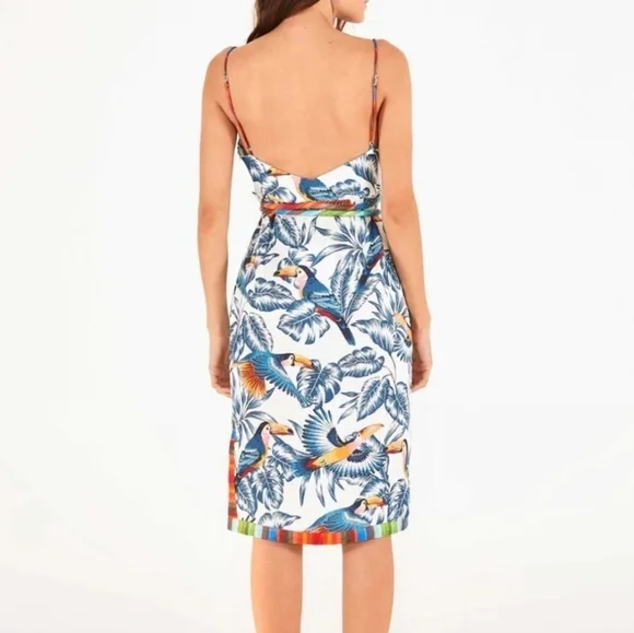 Farm Rio tropical parrot bird safari flying toucans open back dress womans small - Picture 2 of 8
